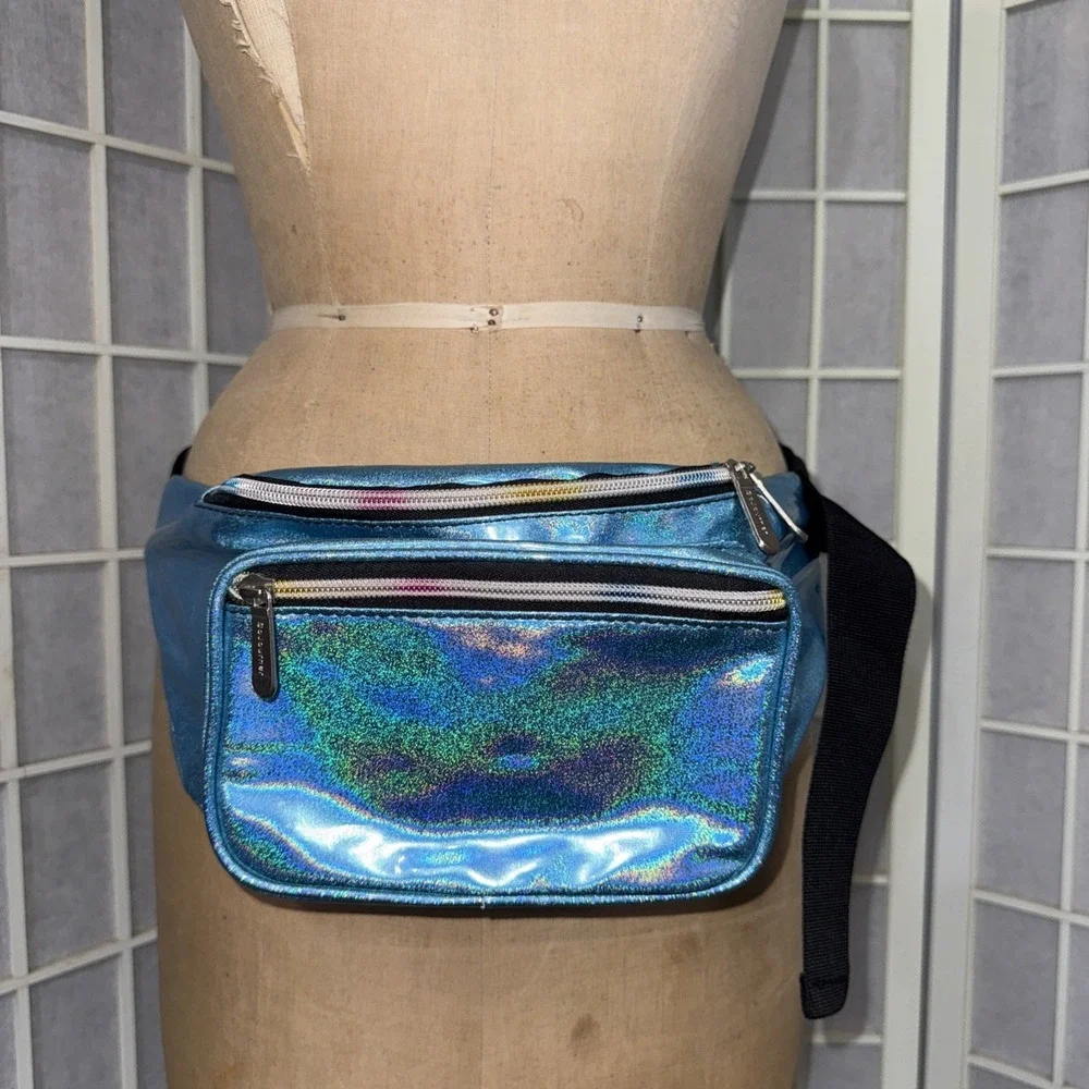 SoJourner Holographic Fanny Pack Belt Bag Blue Purse 90's Metallic Zip Pockets